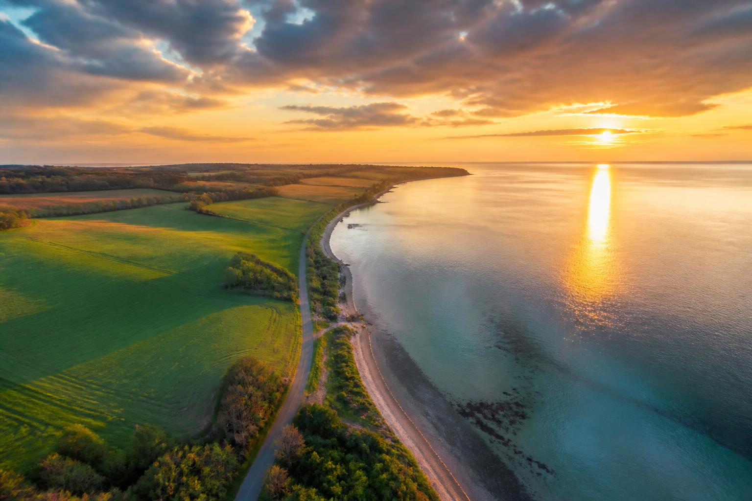 Luftfoto af dansk kystlinje i den gyldne time