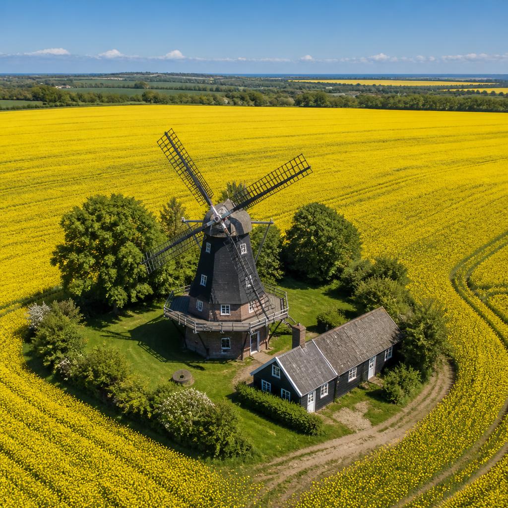 Luftfoto af vindmølle over gyldne marker