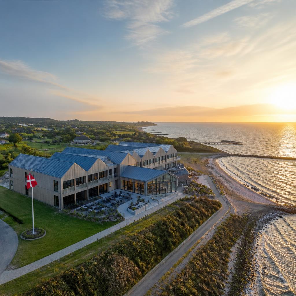 Luftfoto af moderne hotel ved havet i solopgang