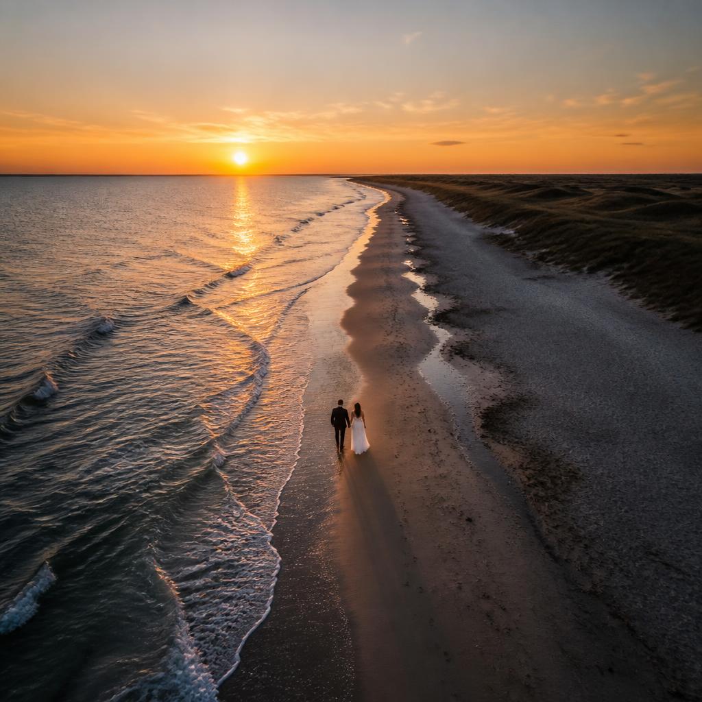 Par der går langs stranden i solnedgang