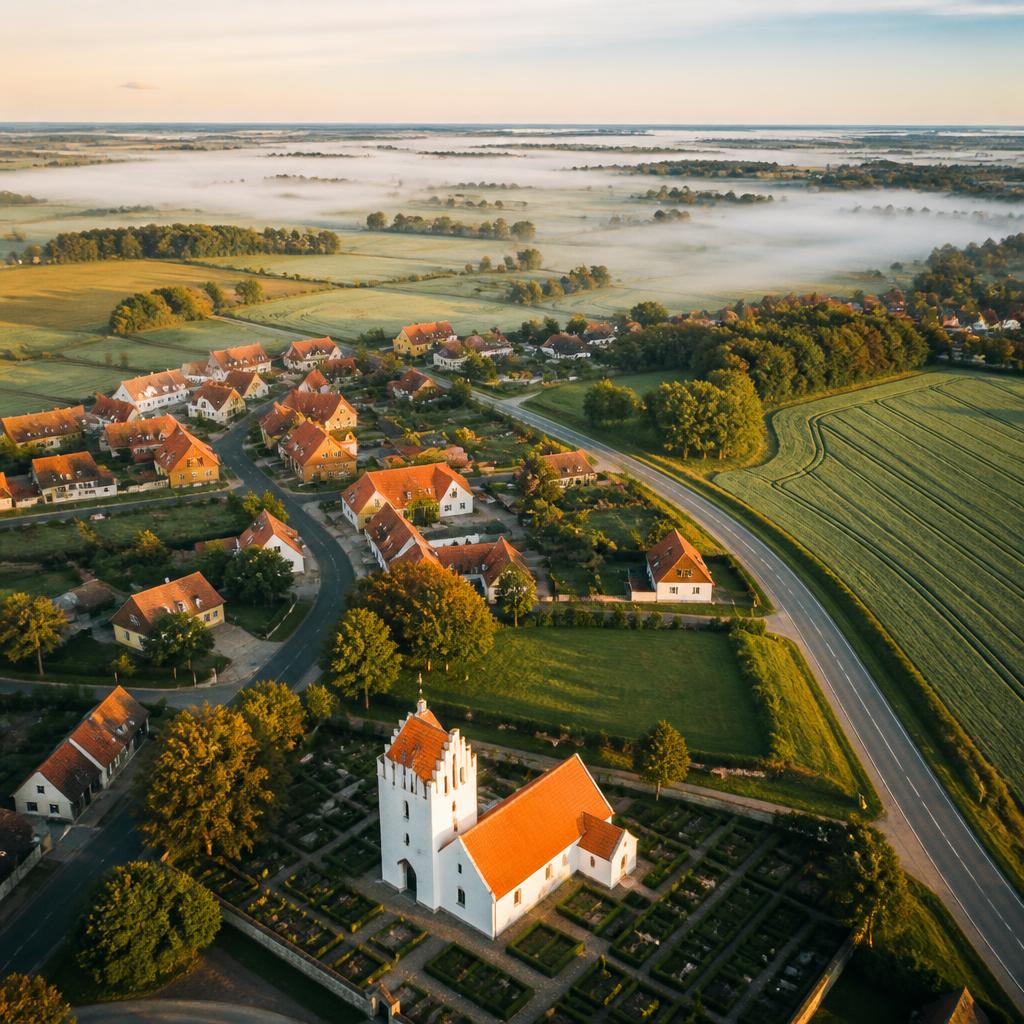 Luftfoto af dansk landsby med røde tage i morgentåge