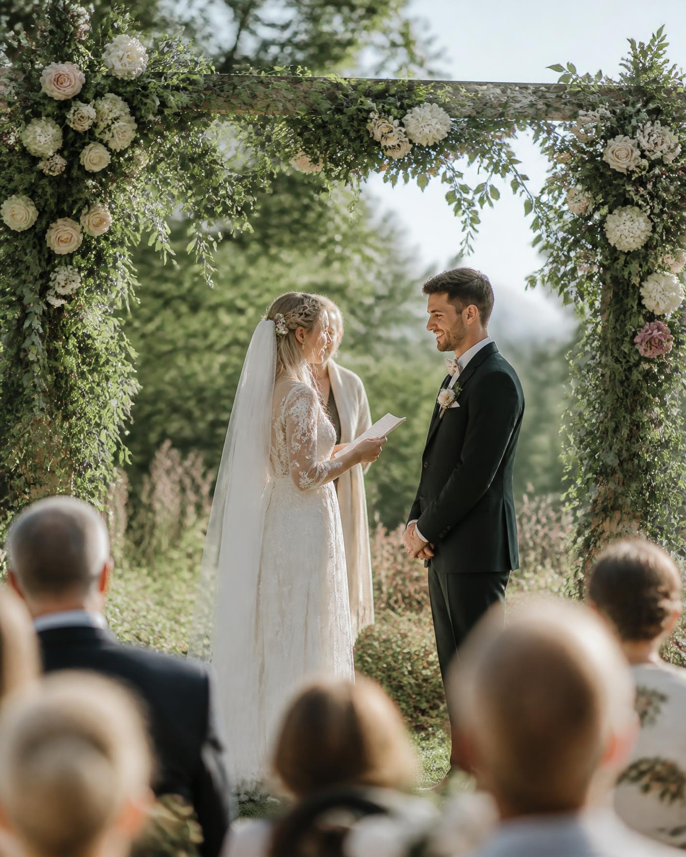 Brudepar udveksler løfter under en blomsterpyntet bue i en have